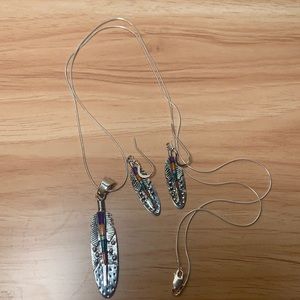 Feather earrings and matching long necklace